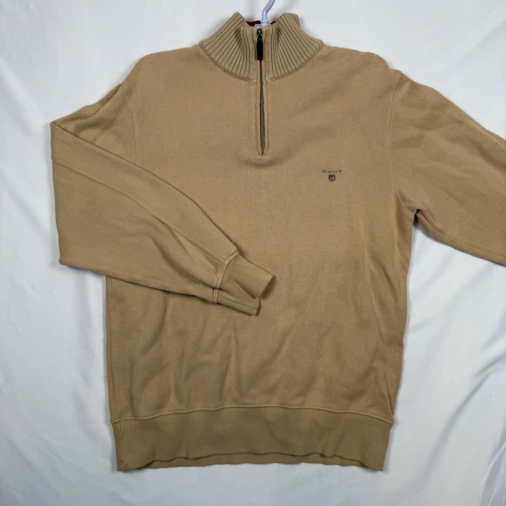 GANT Mens Tan Quarter Zip Pullover Sweater Medium Ribbed Cotton Mock Neck Logo
